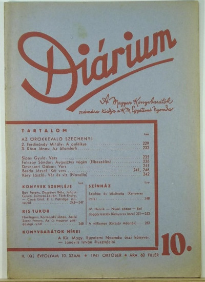 Kenyeres Imre  (Szerk.) - Diárium 1941. október 10. szám