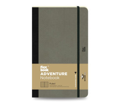 Flexbook Adventure vonalas jegyzetfüzet – elefántszürke, 13 × 21 cm, műbőr borítóval, belső zsebbel és könyvjelzővel