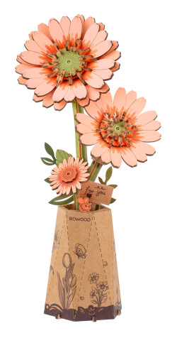 Világos narancssárga gerbera, 3D virágmodell puzzle fából, 105 db-os