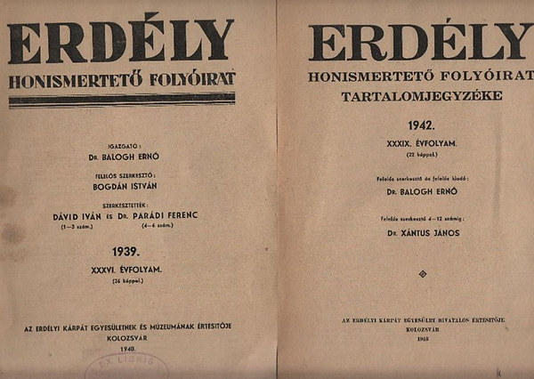 2 db tartalomjegyz�k az Erd�ly- Honismertet� foly�irat 1939-es �s 1942-es �vfolyam�b�l