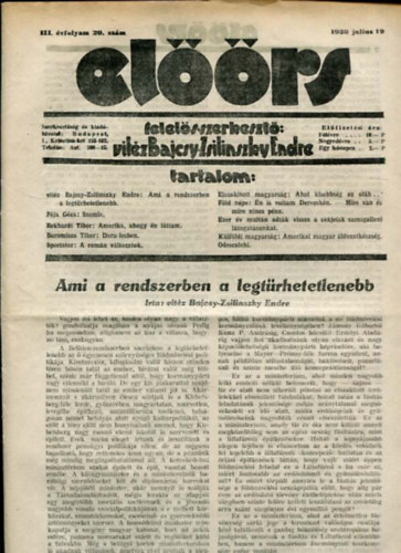 vit�z Bajcsy-Zsilinszky Endre ( felel�s szerkeszt�) - El��rs foly�irat III. �vf. 29. sz�m. 1930. julius 19.