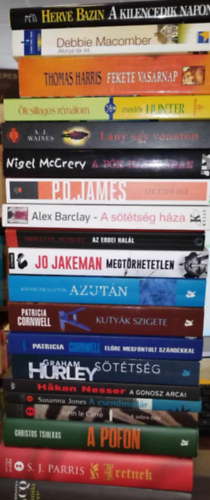 John le Carr, Hakan Nesser, P. D. James, Debbie Macomber, Thomas Harris Christian Jacq - 20 db-os krimi knyvcsomag: A mmia pere, Eretnek, A pofon, A zebra dala, A csendmadr, A gonosz arcai, Sttsg, Elre megfontolt szndkkal, Kutyk szigete, Azutn, Megtrhetetlen, Az erdei hall, A sttsg hza, Nem nnek val,