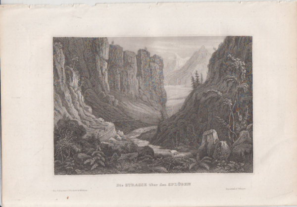 Die Strasse �ber den Spl�gen (Spl�gen-h�g�, Sv�jc, Eur�pa) (16x23,5 cm m�ret� eredeti ac�lmetszet, 1856-b�l)