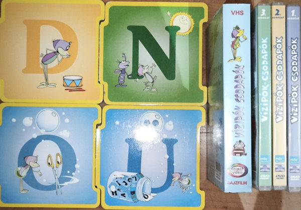 4db lapozó a Vizipók-csodapók sorozatból - D-Dibben, dobban, dübörög, N-Nünüke és a napóra, O-Ormányos ollója, Ü-A titokzatos üveg + 3db DVD-Vizipók-csodapók sorozat 1.-3. sorozat, és 1db VHS kazetta-Vizipók, csodapók ajándékba