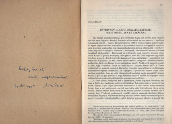 Urb�n Alad�r - Batthy�ny Lajosn� visszaeml�kez�sei f�rje fogs�g�ra �s hal�l�ra (Dedik�lt) - K�l�nlenyomat