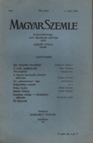 Dr. Eckhardt Sndor  (Szerk.) - Magyar Szemle 1941/XLI.ktet 3.(169)szm