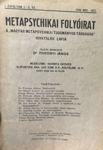 Dr. Tornyai Jnos - Metapsychikai folyirat I. vfolyam I-II. szm (1932. nov.-dec.)