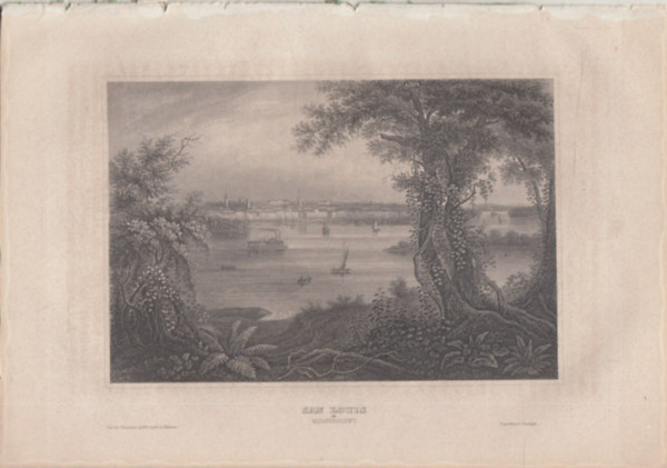 San Louis - Mississippi (Saint Louis város a Mississippi folyó partján, USA, Észak-Amerika) (16x23,5 cm lapméretű eredeti acélmetszet, 1856-ból)