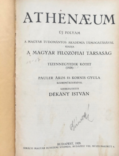 Kornis Gyula Pauler kos - Athenaeum j Folyam 1928 - XIV-XVII. ktet