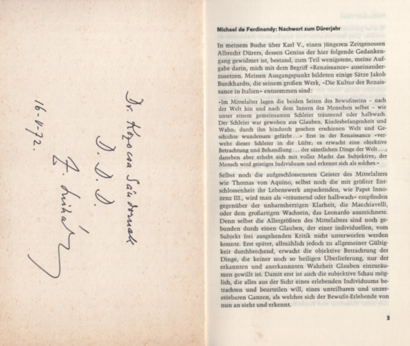 Ferdinandy Mih�ly Michael de Ferdinandy - Nachwort zum D�rerjahr. Neue Deutsche Hefte (Sonderdruck)