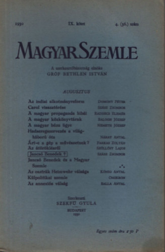 Magyar Szemle 1930. év IX. kötet 4.(36.) szám