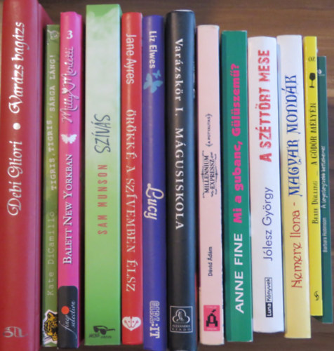 Kate DiCamillo, Elena Peduzzi, Sam Munson, Jane Ayres, Liz Elwes, Debra Doyle, James MacDonald, Dávid Ádám, Anne Fine, Jólesz György, Nemere Ilona, Beate Dölling Barbara Robinson - 13 db ifjúsági regény: Varázs bagázs; Tigris, tigris, sárga láng; Balett New Yorkban; Szívás; Örökké a szívemben élsz; Lucy; Mágusiskola; A potyautas; Mi a gubanc, gülüszem; A széttört mese; Magyar mondák; A gödör mélyén; A le