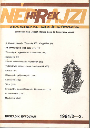 Hla J. - Balzs G. - Szulovszky J.  (szerk.) - Nprajzi hrek 1991/2-3. (XX vf.)