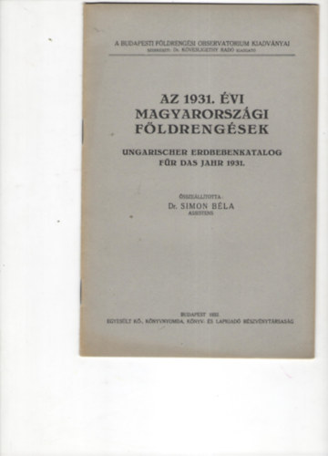 Dr. Simon B�la - Az 1931. �vi magyarorsz�gi f�ldreng�sek