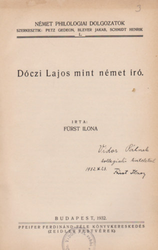 Fürst Ilona - Dóczi Lajos mint német író (Dedikált)