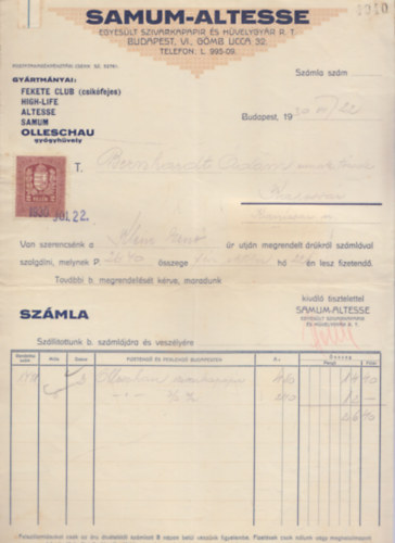 Szmla - Samum-Altesse - Egyeslt szivarkapapr s hvelygyr Rt. (1930)