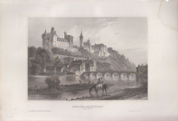 Schloss und Br�cke (Kast�ly �s h�d, Pau, Franciaorsz�g, Eur�pa) (16x23,5 cm lapm�ret� eredeti ac�lmetszet, 1856-b�l)