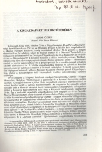 Sipos Jzsef - A Kisgazdaprt 1918 oktberben - Klnlenyomat - dediklt