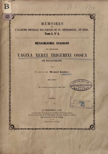 Wenzel Gruber - Menschliches Analogon Der Thierischen Vagina Nervi Trigemini Ossea Am Felsenbeine
