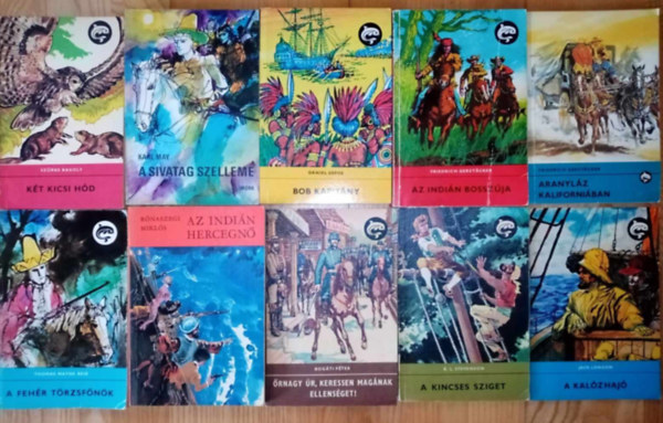 Karl May, Daniel Defoe, Friedrich Gerstäcker, Thomas Mayne Reid, Rónaszegi Miklós, Robert Louis Stevenson, Jack London Szürke Bagoly - (10 db) Delfin ifjúsági könyvcsomag: Két kicsi hód / A sivatag szelleme / Bob kapitány / Az indián bosszúja / Aranyláz kaliforniában / A fehér törzsfőnök / Az indián hercegnő / Bogáti őrnyagy / A kincses sziget / A kalózhajó