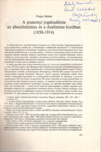 Varga S�ndor - A pozsonyi jogakad�mia az abszolutizmus �s a dualizmus kor�ban ( 1850-1914 ) - K�l�nlenyomat - Dedik�lt