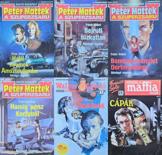 Rex Gordon Peter Hebel - 6 db bűnügyi regényfüzet: Peter Mattek Hamis pénz Korfuból + Peter Mattek Bombamerénylet Dortmundban + Peter Mattek Bejrúti tűzkatlan + Peter Mattek Halálnyomok Amszterdamba + Franco Solo Egyedül a maffia ellen Cápák + Walker fe