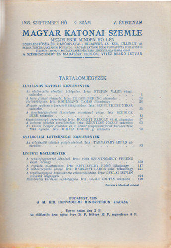 Vitz Berk Istvn  (szerk.) - Magyar Katonai Szemle 1935. szeptember h, 9. szm, V. vfolyam