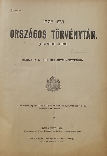 1926. vi Orszgos Trvnytr. (Corpus juris.)