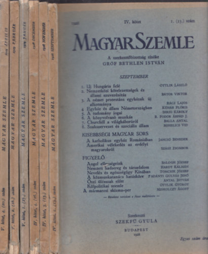 Bethlen Istv�n gr�f - 6 db Magyar Szemle: 1928/szeptember+november+december+1929/janu�r+febru�r+�prilis