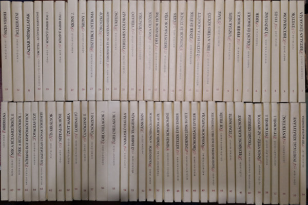 68 db könyv a Millennium Könyvtár sorozatból: Bertalan éjszakája + Nevetők + Kiskunhalom + A 111-es + Új Zrínyiász + Ikrek + Bölcső és bagoly + A fehér mágus + Puszták népe + Gyász + Nero, a véres költő + Az isten háta mögött