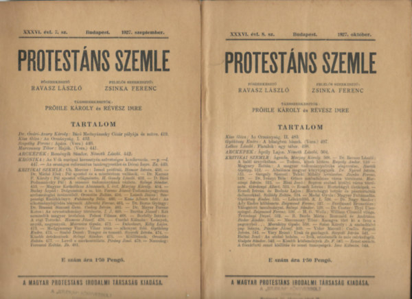 trssz.:Prhle Kroly-Rvsz Imre fszerk:Ravasz Lszl-Zsinka Ferenc - Protestns szemle (1927 4db, 1928 8db)