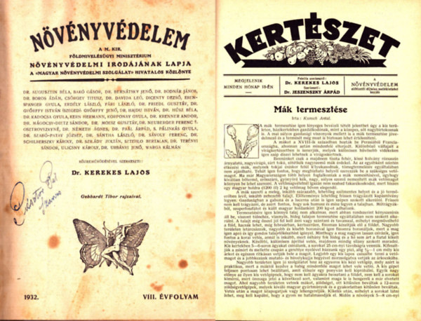 Dr. Kerekes Lajos (szerk.) - Növényvédelem 1932. VIII. évfolyam és Kertészet 1932. VI. évfolyam teljes (egybekötve)