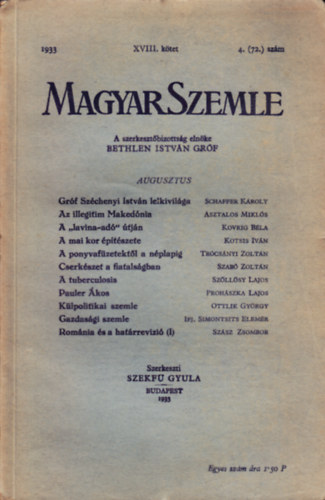 Bethlen Istv�n gr�f - Magyar Szemle 1933. augusztus XVIII. k�tet 4. (72.) sz�m