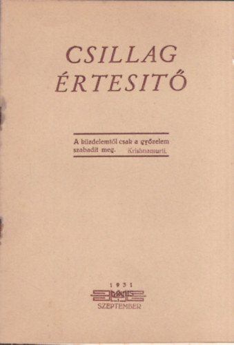 Csillag rtest 1931. szeptember 7. szm (Krishnamurti beszdei, rsai, kltemnyei)