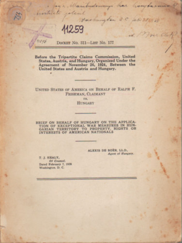 Alexis de Bor - Before the Tripartite Claims Commission, United States Austria, and Hungary Organized Under the Agreement of November 26, 1924, Between the United States and Austria and Hungary- dediklt