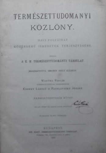 Wartha-Csopey-Paszlavszky - Természettudományi közlöny 1905 (37. kötet)