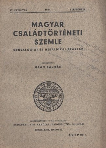 Ba�n K�lm�n  (szerk.) - Magyar csal�dt�rt�neti szemle (IX. �vf. 1943. szeptember)