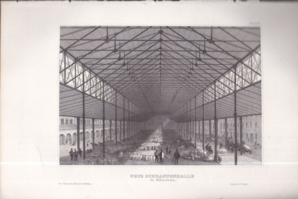 Neue Schrannenhalle in M�nchen (�j Schrannenhalle M�nchenben, N�metorsz�g, Eur�pa) (16x23,5 cm m�ret� eredeti ac�lmetszet, 1856-b�l)
