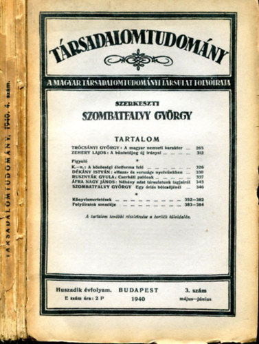 Szombatfalvy Gyrgy  (Szerk.) - Trsadalomtudomny - 1940. Huszadik vfolyam 3. s 4. szm (mjus-jnius s szeptember-oktber)