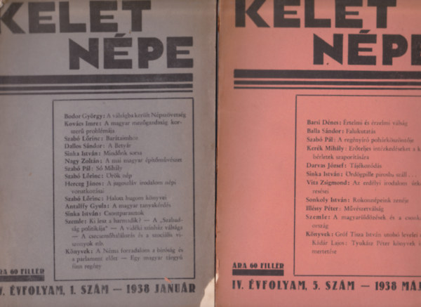 Szab� P�l (szerk.) - 2 db Kelet N�pe:1938 janu�r, IV.�vf. 1.sz. + 1938. m�jus, IV.�vf. 5.sz�m