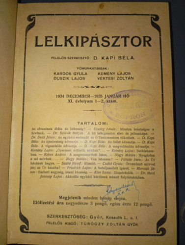 D. Kapi B�la - Lelkip�sztor (1934 December-1935 Janu�r XI. �vfolyam 1-2. sz�m)