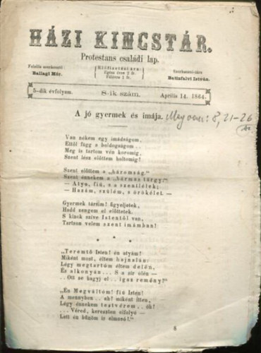 Ballagi Mr (szerk.), Batizfalvi Istvn - Hzi kincstr. Protestns csaldi lap. 5-dik vfolyam. 8-ik szm. Aprilis 14. 1864.