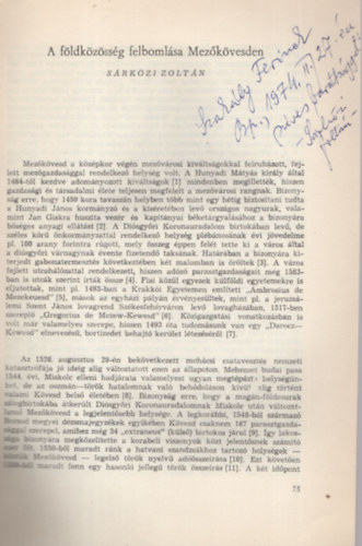 Sárközi Zoltán - A földközösség felbomlása Mezőkövesden - Dedikált - Különlenyomat