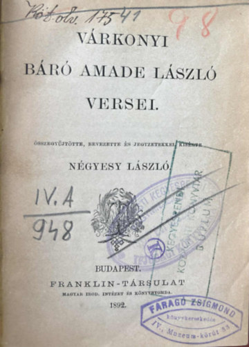 V�rkonyi b�r� Amade L�szl� versei (Olcs� k�nyvt�r)