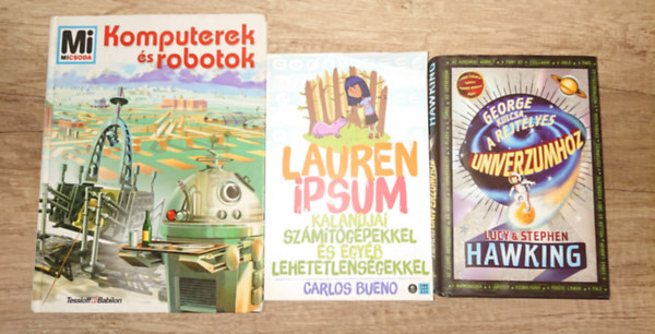 Carlos Bueno Lucy & Stephen Hawking - 3 k�nyv k�v�ncsi gyerekeknek: George kulcsa a rejt�lyes univerzumhoz, Laurem Ipsum kalandjai sz�m�t�g�pekkel �s egy�b lehetetlens�gekkel, Komputerek �s robotok (Mi micsoda)