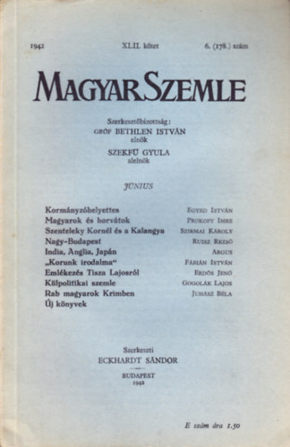 Bethlen Istvn grf - Magyar Szemle 1942. jnius XLII. ktet 6. (178.) szm