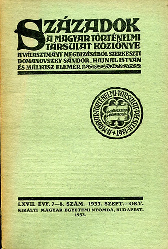 Szzadok (A Magyar Trtnelmi Trsulat Kzlnye) 1933. Szept.-Okt.