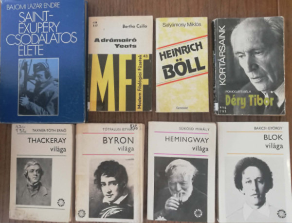 8 kötet híres írók és költők életrajzi könyveiből (Saint-Exupéry, Yeats, Heinrich Böll, Déry Tibor, Thackeray, Byron, Hemingway, Blok)