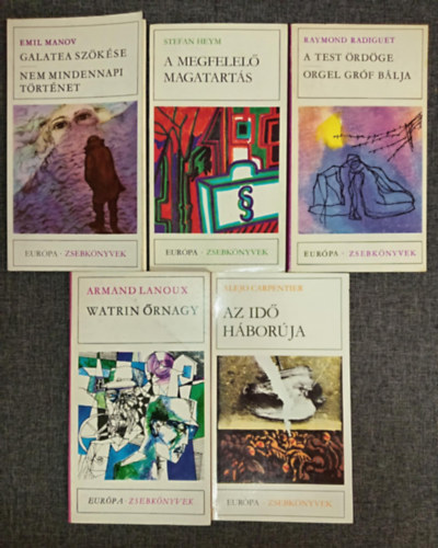 Stefan Heym, Raymond Radiguet, Armand Lanoux, Alejo Carpentier Emil Manov - Eur�pa Zsebk�nyvek k�nyvcsomag (7 m� 5 k�tetben): Galatea sz�k�se - Nem mindennapi t�rt�net / A megfelel� magatart�s / A test �rd�ge - Orgel gr�f b�lja / Watrin �rnagy / Az id� h�bor�ja