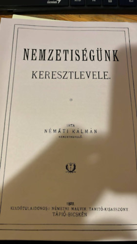 Nmti Klmn - Nemzetisgnk keresztlevele (1892)